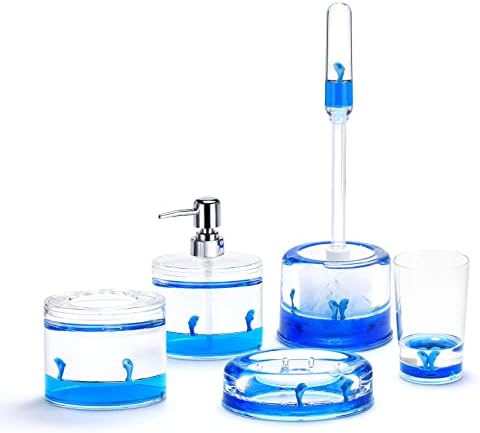 Locco Decor 5 Piece Acrylic Liquid 3D Floating Motion Bathroom Vanity Accessory Set Ocean Cartoon Animal Theme Dolphin Toothbrush Holder, Tumbler, Soap Dispenser, Soap Dish, Toiletbrush Holder Set