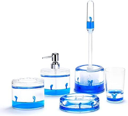 Locco Decor 5 Piece Acrylic Liquid 3D Floating Motion Bathroom Vanity Accessory Set Ocean Cartoon Animal Theme Dolphin Toothbrush Holder, Tumbler, Soap Dispenser, Soap Dish, Toiletbrush Holder Set