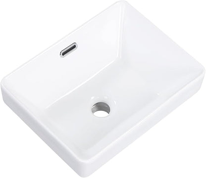 Small Bathroom Vessel Sink 15.5'' x 11.9'' Semi Recessed Bathroom Sink Rectangular Drop-in Vanity Sink with Overflow White Ceramic Modern Art Basin