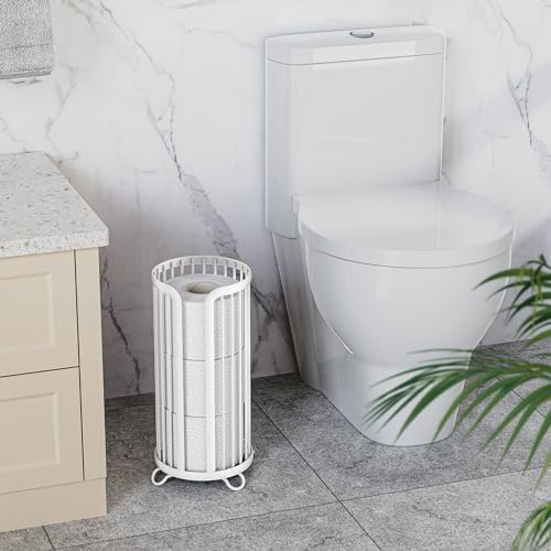 Bunoxea Toilet Paper Holder Stand, Freestanding Toilet Tissue Organizer, Minimalistic Storage Solution, Reserve Mega Rolls,Modern -2PACK White