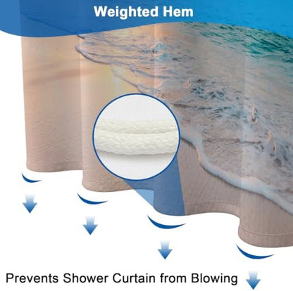 Ocean Theme Waterproof Beach Shower Curtain with Weighted Hem and 12 Hooks