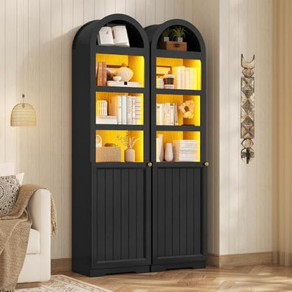 UPOSOJA 72" Tall Arched Narrow Bathroom Storage Cabinet with Lights, Slim Storage Cabinet with Adjustable Shelves for Small Spaces, Farmhouse Style (Black)