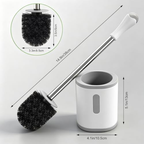 AONEZ Compact Toilet Brush & Holder, Stainless Steel Handle, Space Saving for Storage, Deep Cleaning, Drip-Proof, Easy to Assemble, Nylon Bristles, White & Grey