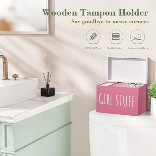 Wooden Tampon Holder, Blush Pink, Hinged Lid Organizer