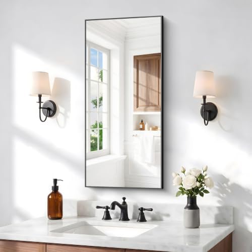 BONEWEI Bathroom Mirror,18x36 inch Wall Mirror for Bathroom Wall Mounted Black Rectangle Square Corner Mirrors,Black Bathroom Mirror for Living Room,Farmhouse,Bedroom Entryway,Horizontal/Vertical