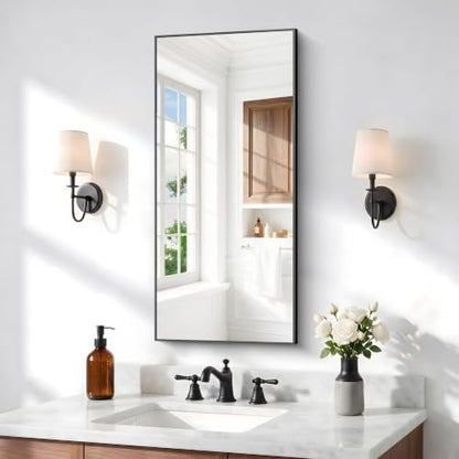 BONEWEI Bathroom Mirror,18x36 inch Wall Mirror for Bathroom Wall Mounted Black Rectangle Square Corner Mirrors,Black Bathroom Mirror for Living Room,Farmhouse,Bedroom Entryway,Horizontal/Vertical