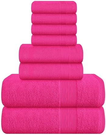 Belizzi Home 8 Piece Towel Set 100% Ring Spun Cotton, 2 Bath Towels 27x54, 2 Hand Towels 16x28 and 4 Washcloths 13x13 - Ultra Soft Highly Absorbent Machine Washable Hotel Spa Quality - Hot Pink