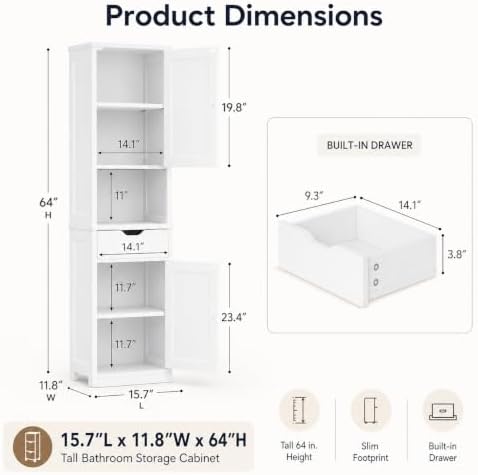 Walsunny Tall Bathroom Storage Cabinet with 6 Adjustable Shelves, White