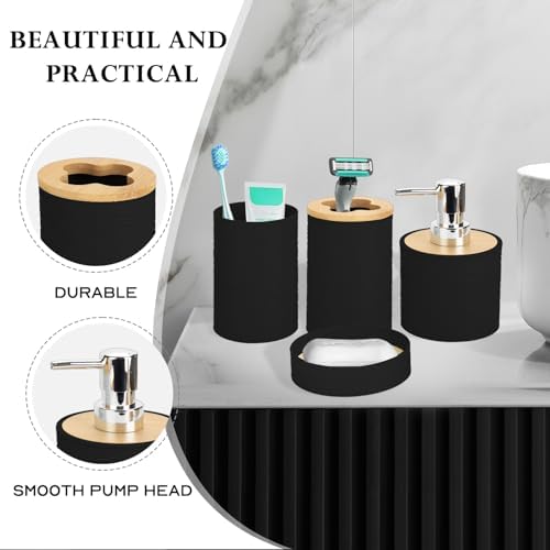 RRM Bamboo Bathroom Accessories Set 4 Pcs, Boho Bathroom Decor, Black