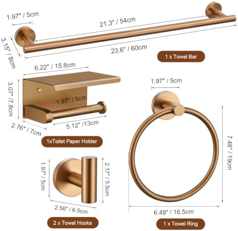TURS Brushed Rose Gold 5-Piece Bathroom Hardware Set SUS304 Stainless Steel Towel Bar Set Towel Racks for Bathroom Wall Mounted, 23.6-Inch