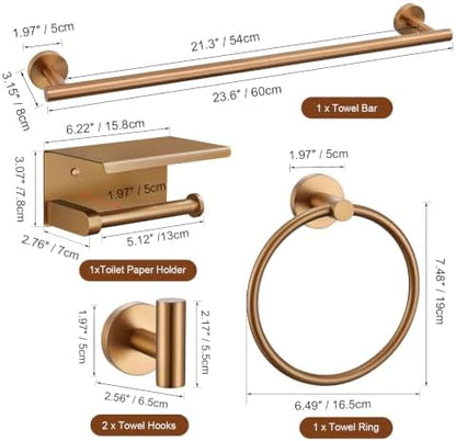 TURS Brushed Rose Gold 5-Piece Bathroom Hardware Set SUS304 Stainless Steel Towel Bar Set Towel Racks for Bathroom Wall Mounted, 23.6-Inch
