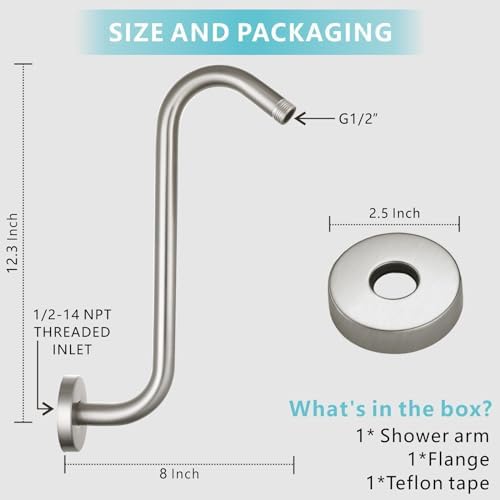 Shower Head Extension Arm with Flange, S Shaped High Rise Gooseneck Showerhead Riser Pipe, Universal Standard 1/2" Connection - Bathroom Accessory (12 Inch, Brushed Nickel)