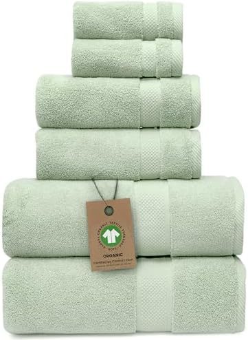 Alusa Home 100% Organic Zero-Twist Cotton Towels - GOTS Certified Luxury Bath Towels - Ultra Soft & Plush 700GSM Long-Staple Cotton - 6 Piece Towel Set (Eucalyptus Green)