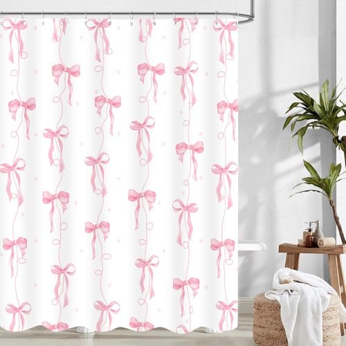 Pink Bow Shower Curtain for Bathroom Decor, Teen Girls Theme, 72x72In