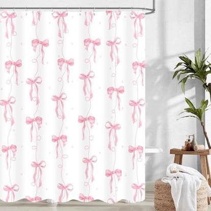Pink Bow Shower Curtain for Bathroom Decor, Teen Girls Theme, 72x72In
