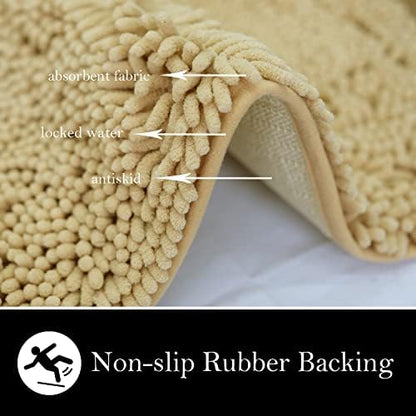 Bathroom Rugs Chenille Bath mat 2 Piece Set, Super Absorbent, Strong PVC Non Slip Backing, Bath mats for Bathroom, Plush Shaggy, Thick, Machine Washable, Bathtub, Shower, Toilet.(Beige)
