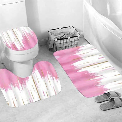 NBVKO 4PCS Pink Oil Painting Style Shower Curtain Set with Non-Slip Rugs,Toilet Lid Cover and Bath Mat,Bathroom Decor Accessory Set