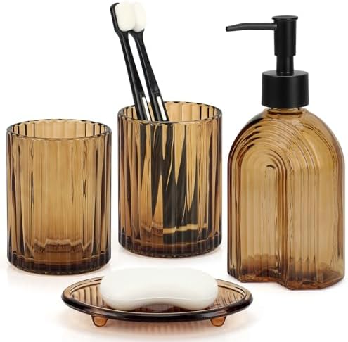 Bathroom Accessories Set, 4Pcs Glass Bathroom Accessories Set Complete, 11.6OZ Lotion Soap Dispenser, Toothbrush Holder, Mouthwash Cup, Soap Dish for Bathroom Decor, Countertop Organizer (Amber)