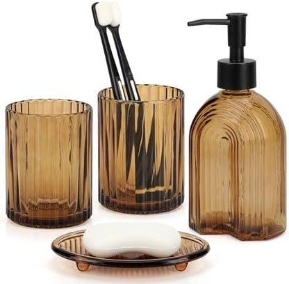 Bathroom Accessories Set, 4Pcs Glass Bathroom Accessories Set Complete, 11.6OZ Lotion Soap Dispenser, Toothbrush Holder, Mouthwash Cup, Soap Dish for Bathroom Decor, Countertop Organizer (Amber)