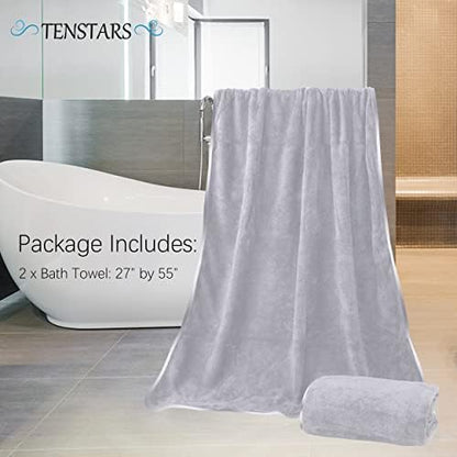 TENSTARS Silk Hemming Bath Towels for Bathroom Clearance - 27 x 55 inches - Light Thin Quick Drying - Soft Microfiber Absorbent Towel for Bath Fitness, Sports, Yoga, Travel, Gym - 2 Pack, Light Grey