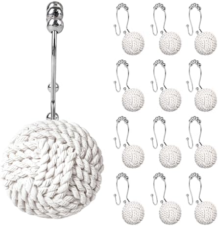 Sunlit Boho Knots Double Shower Curtain Hooks, Home Decorative White Shower Curtain Rings for Bathroom, Seaside Nautical Shower Curtain Hangers Bathroom Accessories, Set of 12