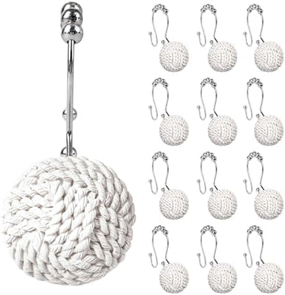 Sunlit Boho Knots Double Shower Curtain Hooks, Home Decorative White Shower Curtain Rings for Bathroom, Seaside Nautical Shower Curtain Hangers Bathroom Accessories, Set of 12