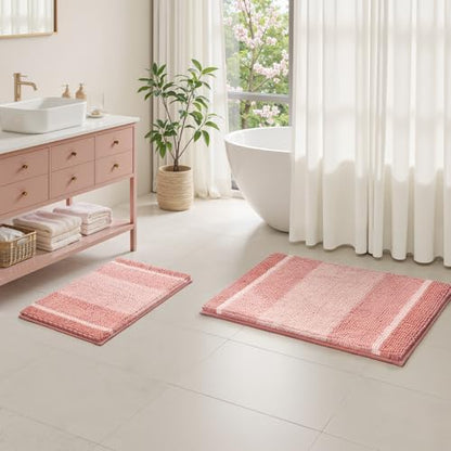 HOMEIDEAS Pink Bathroom Rugs Set of 2, Striped Chenille, 20"x32"+17"x24"