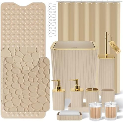 XLHOMO 26PC Bathroom Accessories Set - Gorgeous Beige Bathroom Set, Bathroom Accessory Set, Shower Curtain Set with Bathtub Mats for Shower Tub, Trash Can & Soap Dispenser