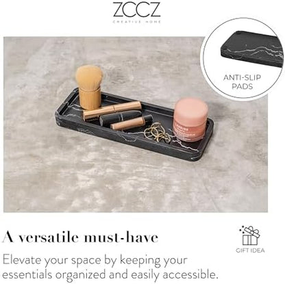 ZCCZ Bathroom Accessory Sets, 4 Pieces Bathroom Accessories Complete Set Vanity Countertop Accessory Set, Includes Lotion Dispenser Soap Pump, Tumbler, Toothbrush Holder and Tray (Black Marble Look)