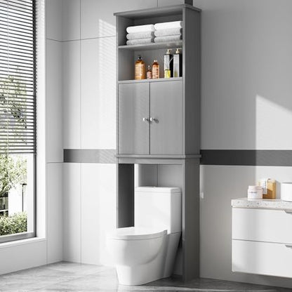 Over the Toilet Storage Cabinet for Bathroom, Storage Cabinets Over Toilet, Bathroom Floor Mounted Cabinet Space Saver with Adjustable Shelf and 2 Open Shelves, 75in, Grey