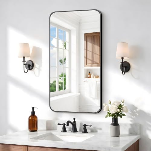 BONEWEI 20x36 inch Bathroom Mirror,Black Rectangle Mirror,Wall Mounted Bathroom Frame Vanity Mirror with Round Corner for Bedroom Living Room,Entryway Hangs Horizontal or Vertical