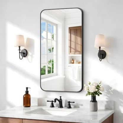 BONEWEI 20x36 inch Bathroom Mirror,Black Rectangle Mirror,Wall Mounted Bathroom Frame Vanity Mirror with Round Corner for Bedroom Living Room,Entryway Hangs Horizontal or Vertical