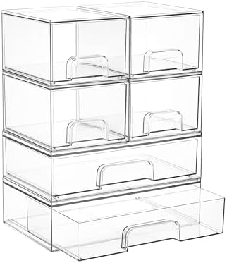 Vtopmart Stackable Storage Drawers Set of 6, Clear Plastic Organizer Bins for Bathroom Supplies, Ideal for Cabinet,Shelf, Pantry, Laundry Room Organization