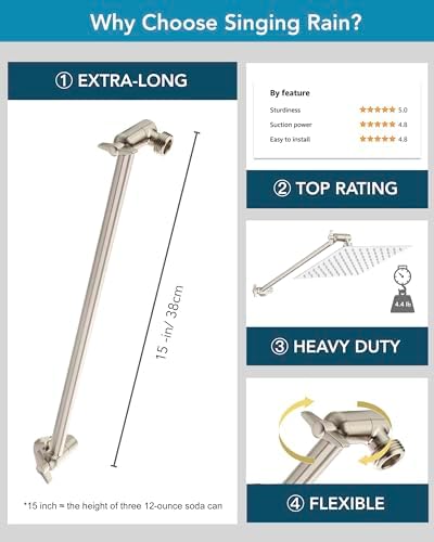 15 Inch Extra Long Adjustable Shower Head Extension Arm With Locking Set Screw, Singing Rain 304 Stainless Steel Angle Height Adjustable, G1/2 Universal Connector Compatible (Nickel Brushed)