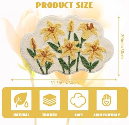 Cloud-Shaped Lily Bath Mat, Soft Non-Slip Fluffy Fresh Flowers Bathroom Rug, Ultra Absorbent Microfiber Shaggy Door Mat, Machine Washable Bath Rug Carpet for Bathtub Bedroom 20x31 Inch (Yellow Lily)