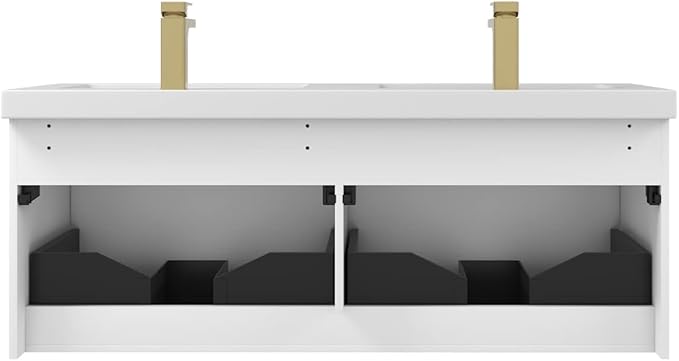 Blossom 48 inch Bathroom Vanity with Sink, Wall Mounted Floating Bathroom Vanity Cabinet with Double Acrylic Sink, All Wood Bathroom Storage Cabinet with Soft Close Drawers, Matte White Finish