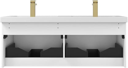 Blossom 48 inch Bathroom Vanity with Sink, Wall Mounted Floating Bathroom Vanity Cabinet with Double Acrylic Sink, All Wood Bathroom Storage Cabinet with Soft Close Drawers, Matte White Finish