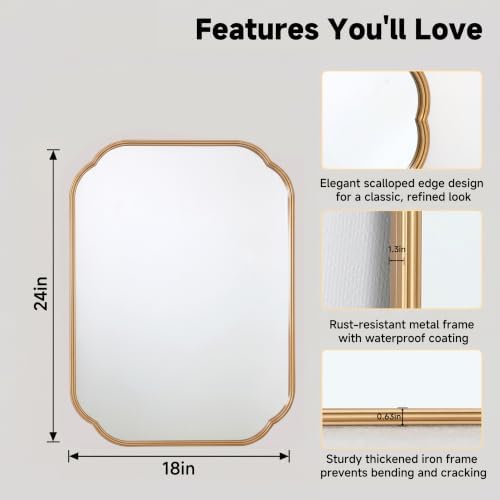 24"x18" Gold Scalloped Mirror for Bathroom, Rust-Proof Metal Frame