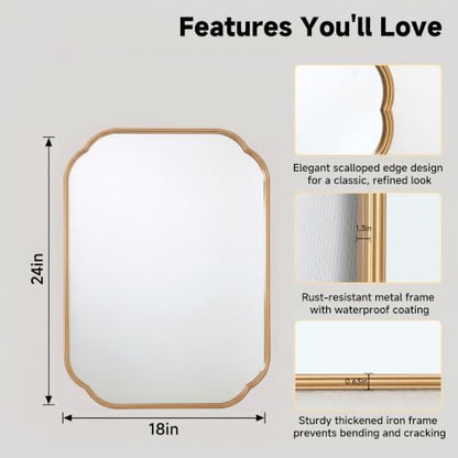 24"x18" Gold Scalloped Mirror for Bathroom, Rust-Proof Metal Frame