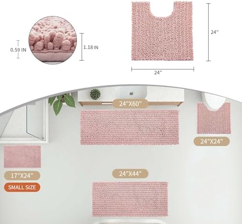 Disolla Toilet Rug 24x24 Inch - Pink U-Shaped Bathroom Floor Mat, Soft Shaggy Plush Absorbent Chenille Contour Rug, Non-Slip Washable Pedestal Base Rug