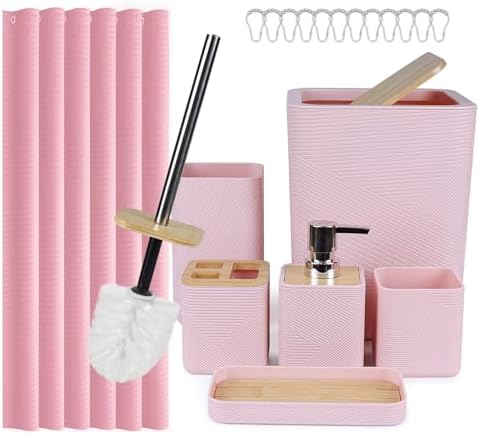 CERBIOR Bamboo Bathroom Accessory Set with Shower Curtain,Pink,20PCS