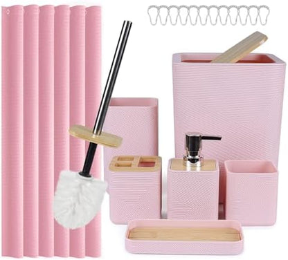 CERBIOR Bamboo Bathroom Accessory Set with Shower Curtain,Pink,20PCS