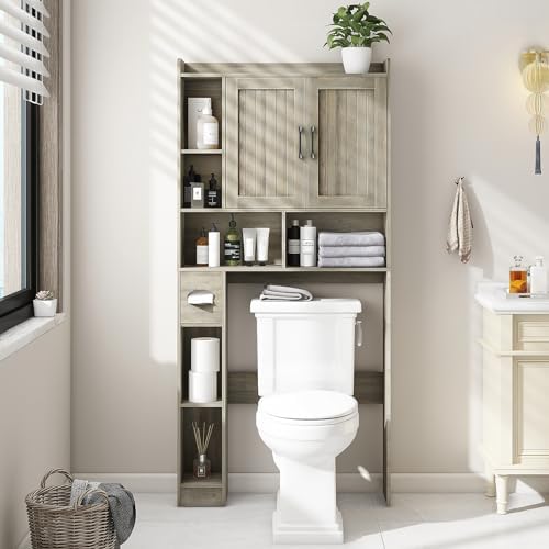 Vabches Farmhouse Over The Toilet Storage Cabinet with Barn Door, Gray Oak