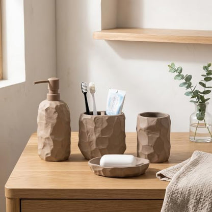 RQYIXI Ceramic Bathroom Accessories Set,Brown,4 Piece,Artisan Design