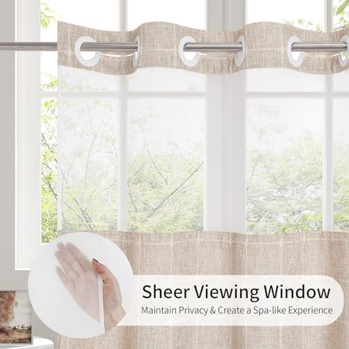 MitoVilla No Hooks Required Farmhouse Shower Curtain with Snap-in Liner - with Window & Magnets, Boho Cotton Linen Fabric Shower Curtains with Tassels for Rustic Bathroom Decor, Tan/Taupe, 72 x 74