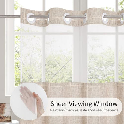 MitoVilla No Hooks Required Farmhouse Shower Curtain with Snap-in Liner - with Window & Magnets, Boho Cotton Linen Fabric Shower Curtains with Tassels for Rustic Bathroom Decor, Tan/Taupe, 72 x 74