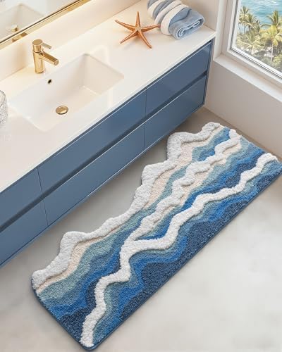 DEXI Cute Bath Mat, Sea Ocean Wave Bathroom Rugs, 43x26 Blue