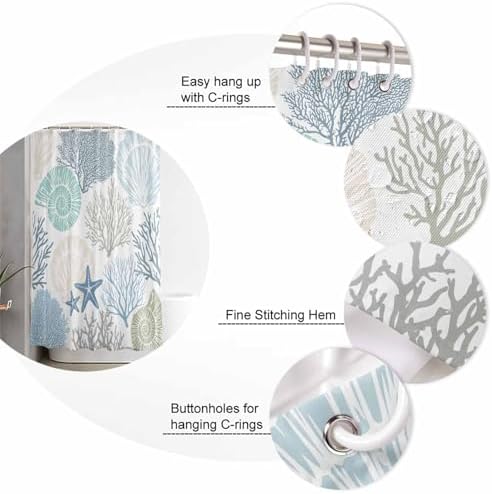Shower Curtain Bathroom Set Blue Ocean Shells Coral Waterproof Shower Curtains with Grommets Hooks Conch Starfish Marine Life Privacy Bath Curtain for Bathtub Decor 60x72in