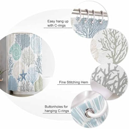 Shower Curtain Bathroom Set Blue Ocean Shells Coral Waterproof Shower Curtains with Grommets Hooks Conch Starfish Marine Life Privacy Bath Curtain for Bathtub Decor 60x72in
