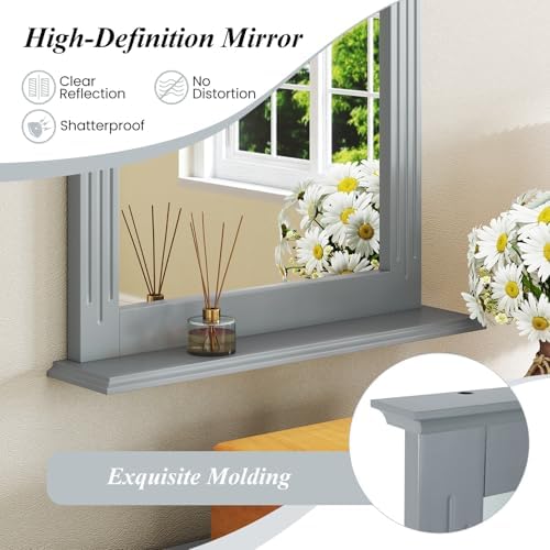 CHARMAID Bathroom Mirror with Shelf - 27" x 22.5" Wall Mirror Over Bathroom Sink, Wooden Frame Modern Rectangular Hanging Vanity Makeup Mirrors for Washroom, Entryway (Gray,27" L x 22.5" W)